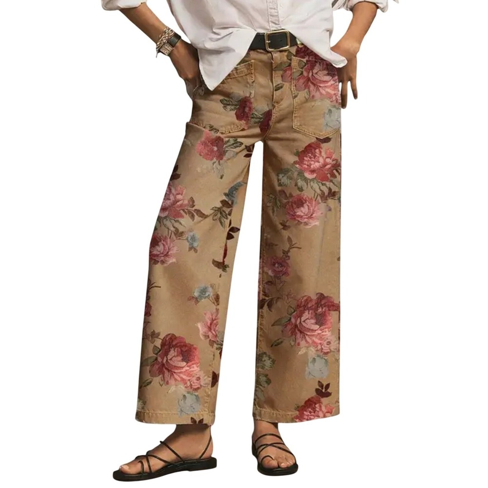 Flamingals Khaki Floral Rose Print High Rise Straight Leg Cropped Pants Small